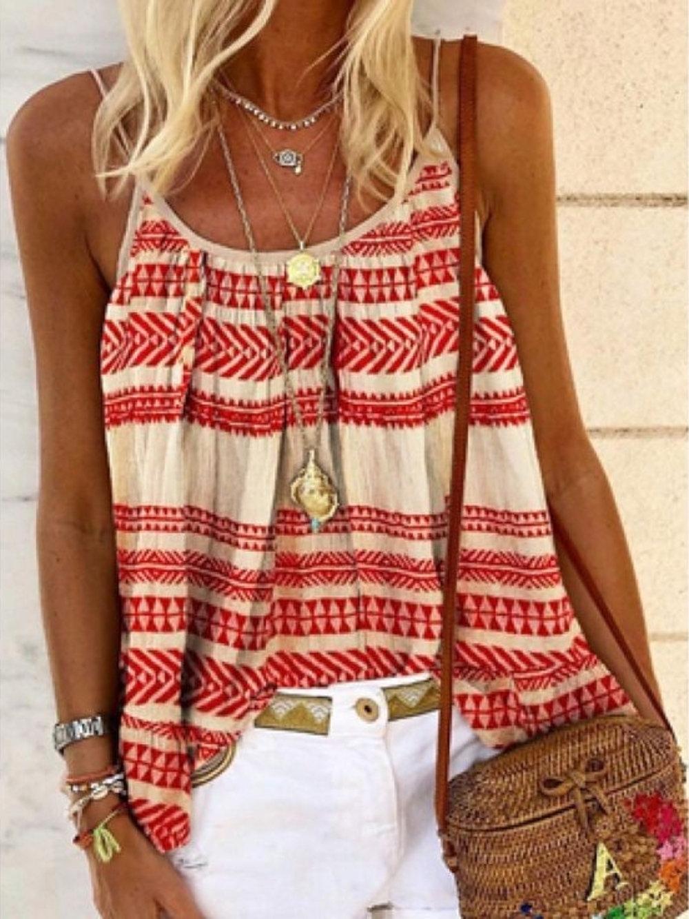 MISSLOOK Red and Cream Tribal Print Tank Top